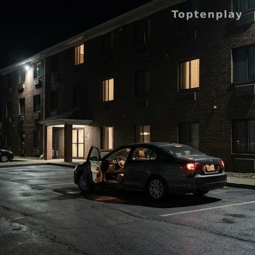 Parking d'un hôtel social de nuit, portière de voiture ouverte