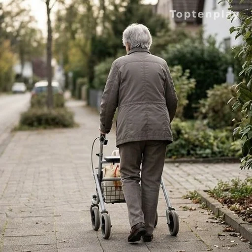 Femme âgée de dos avec un déambulateur et un sac de courses sur un trottoir