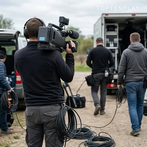 Équipe télé préparant un tournage de terrain