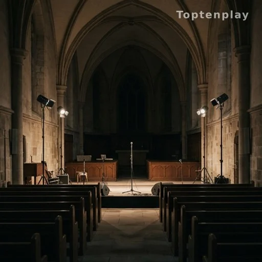 Intérieur d'une église avec scène et micro pour un dernier concert