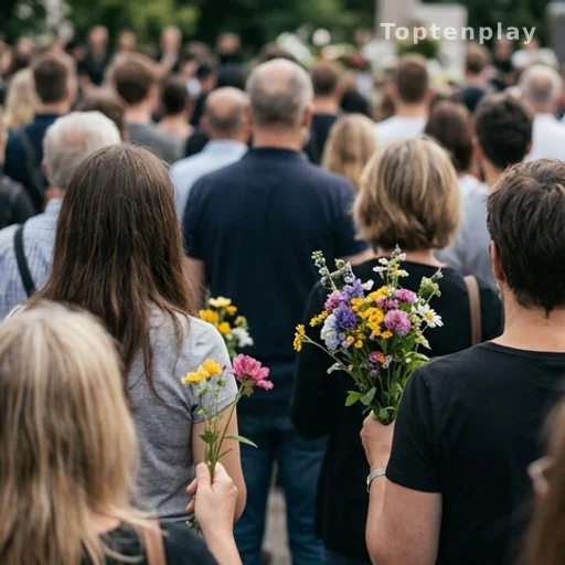 Foule anonyme tenant des fleurs lors d'un hommage en plein air