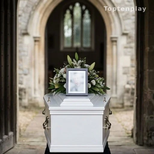 Cercueil blanc avec fleurs et photo lors d'une cérémonie funèbre en église