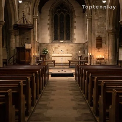 Intérieur d'une église avec scène et micro, lieu du dernier concert d'un chanteur