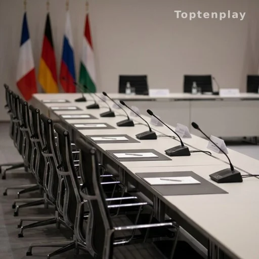 Salle de conférence diplomatique avec drapeaux pour discussions internationales