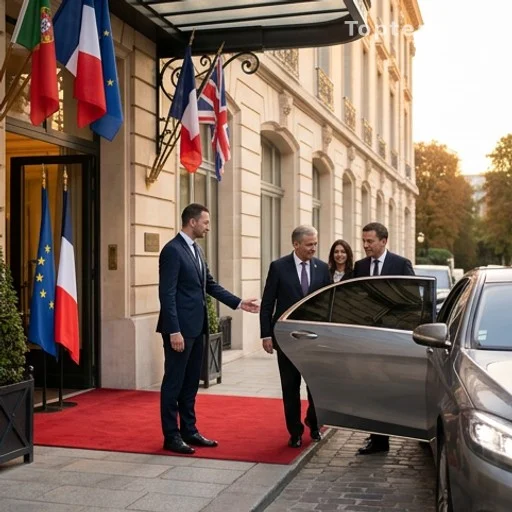 Accueil protocolaire d'une délégation à l'entrée d'un hôtel lors d'un sommet diplomatique
