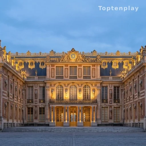 Façade illuminée d'un château historique français, cadre du dîner diplomatique franco-américain