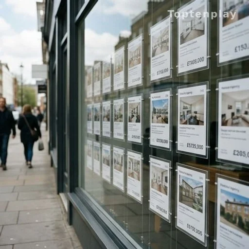 Vitrine d'agence immobilière avec des prix de logements élevés en ville