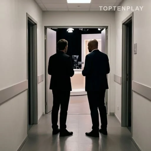 Deux silhouettes en coulisses avant une séquence télé