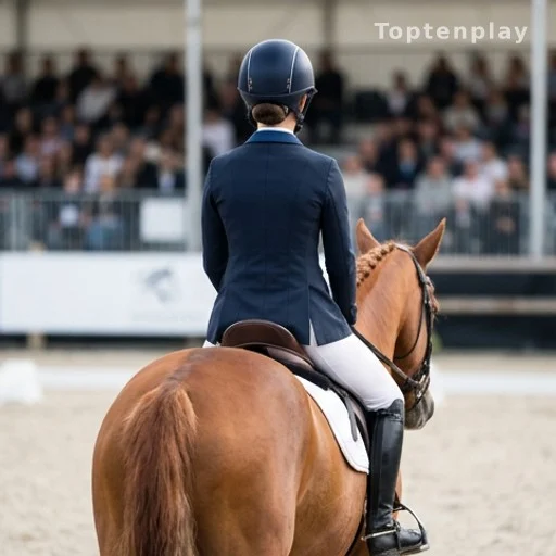 Jeune cavalière de dos sur son cheval lors d'une compétition équestre