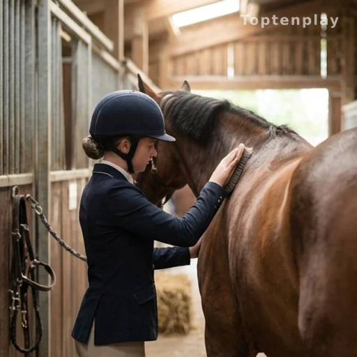 Jeune cavalière soignant son cheval dans une écurie, entraînement équestre
