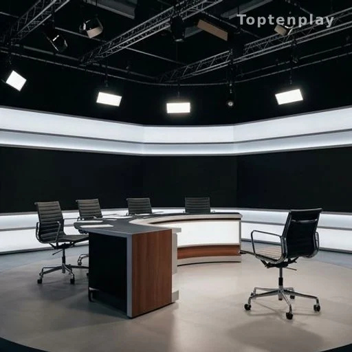 Plateau de télévision d'un journal d'information avec chaise d'invité sous les projecteurs