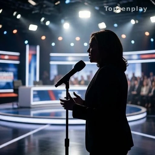 Silhouette d'une eurodéputée face à un micro sur un plateau de débat politique télévisé