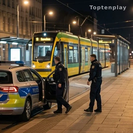 Patrouille de police de nuit près d'un arrêt de tramway urbain