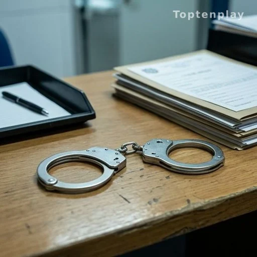 Menottes sur un bureau de commissariat, garde à vue pour violences conjugales