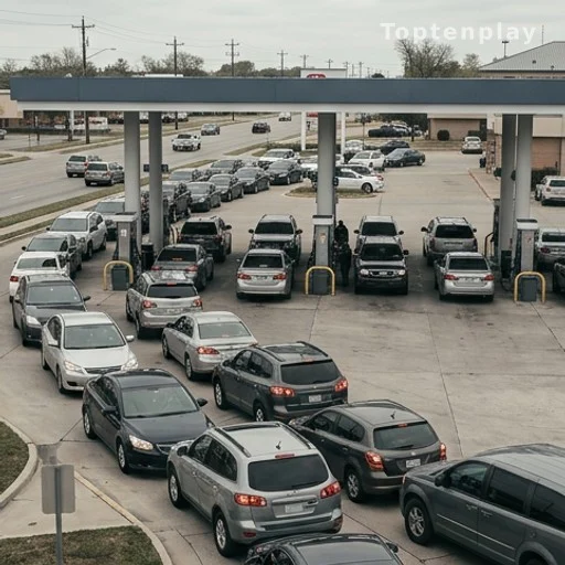 File d'attente de voitures dans une station-service lors de la hausse du prix du carburant