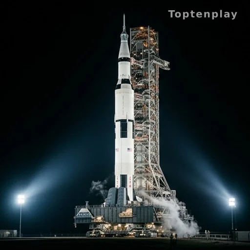 Fusée sur pas de tir la nuit, projet spatial d'Elon Musk et colonisation planétaire