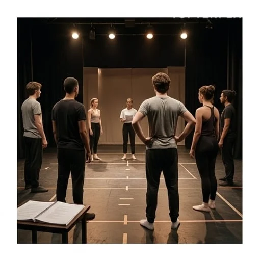 Répétition de théâtre avec artistes vus de dos