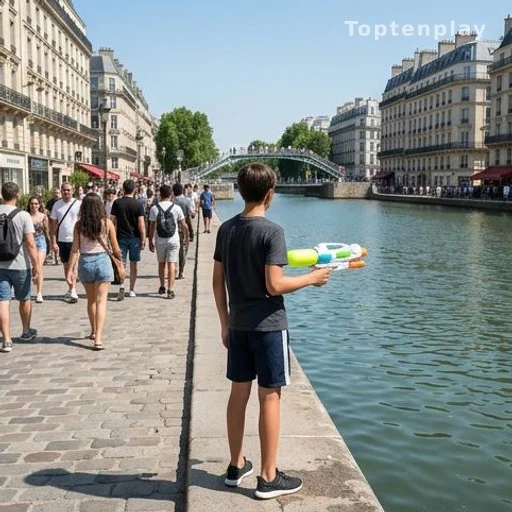 Adolescent de dos au bord du Canal Saint-Martin avec un pistolet à eau