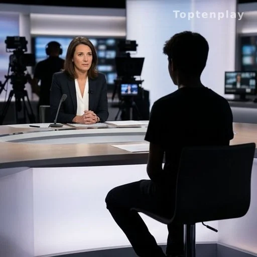 Interview télévisée d'un mineur en silhouette dans un studio de télévision