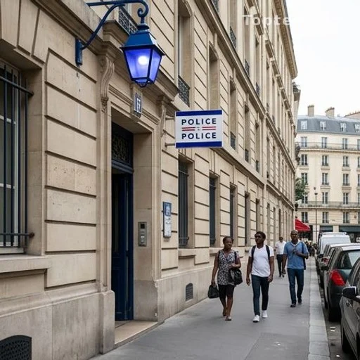 Façade d'un commissariat parisien avec lampe bleue, garde à vue mineur
