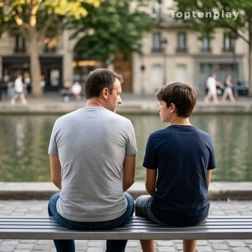 Parent et adolescent de dos près d'un canal urbain, discussion familiale
