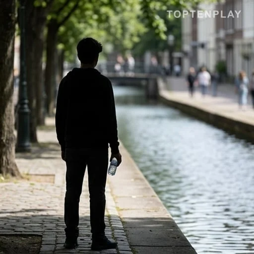 Silhouette d’adolescent avec bouteille près d’un canal sécurisé