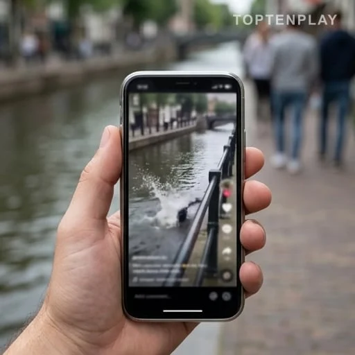 Smartphone affichant une vidéo floue d’un jet d’eau