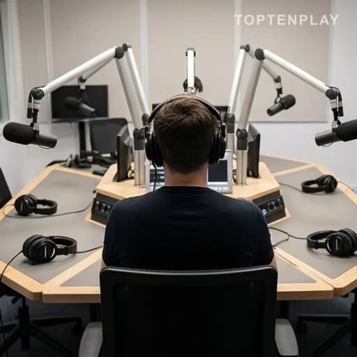 Studio radio avec micros et intervenant de dos