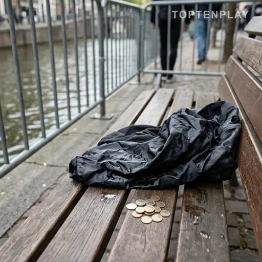 Veste mouillée et pièces sur un banc de canal