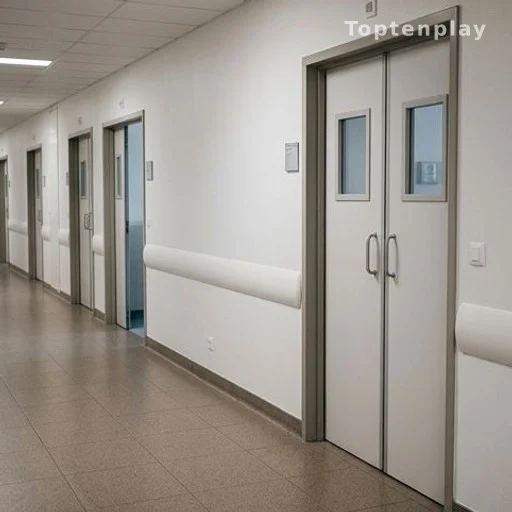 Couloir du service des maladies infectieuses du CHU de Rennes, portes d'isolement fermées