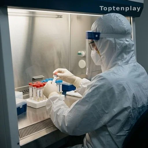 Virologue en tenue de protection manipulant des échantillons en laboratoire de biosécurité