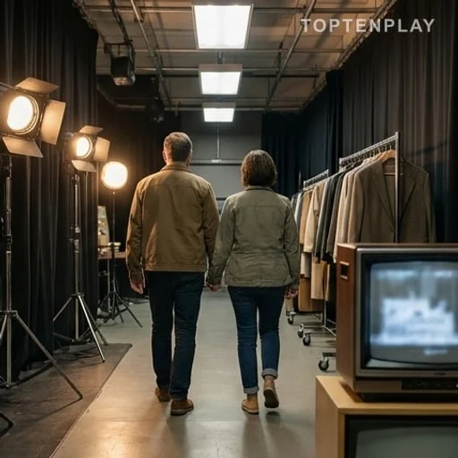 Deux acteurs anonymes dans un décor de tournage