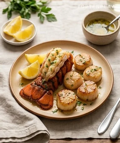 Homard et noix de Saint-Jacques au beurre à l’ail