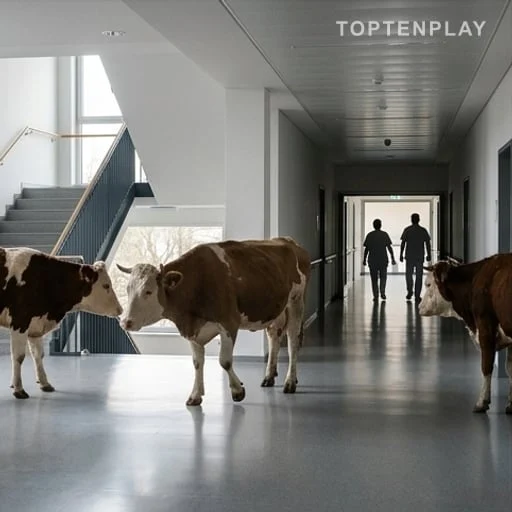 Vaches dans un couloir d’hôpital sans visage visible