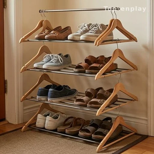 Meuble à chaussures artisanal fabriqué avec des cintres récupérés