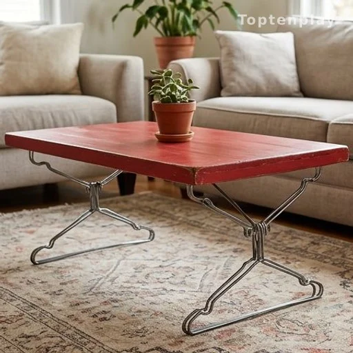 Table basse rouge avec pieds en cintres détournés, démarche zéro déchet