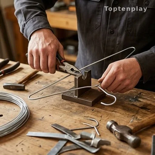 Mains façonnant un cintre métallique, upcycling artisanal fait maison