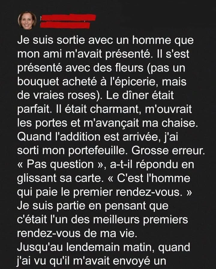 Il paie le dîner puis envoie une facture à sa date le lendemain