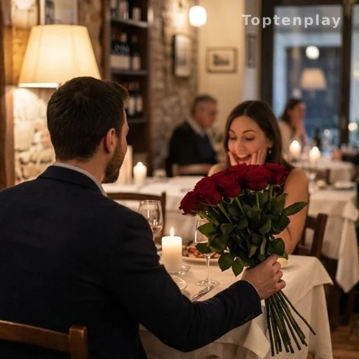 Bouquet de roses remis lors d'un premier rendez-vous dans un restaurant