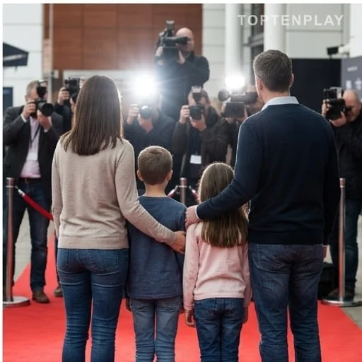 Famille anonyme sur tapis rouge devant des photographes