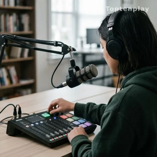 Enregistrement d'un podcast avec micro et casque, interview sur une biographie