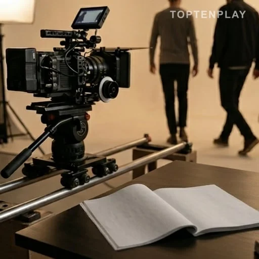 Caméra et pages de scénario sur un tournage