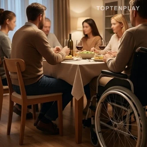 Entourage familial autour d’un fauteuil roulant
