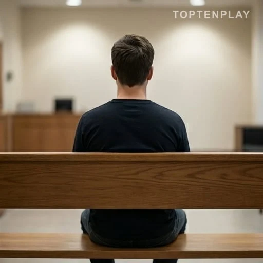 Jeune homme anonyme assis dans un couloir de justice