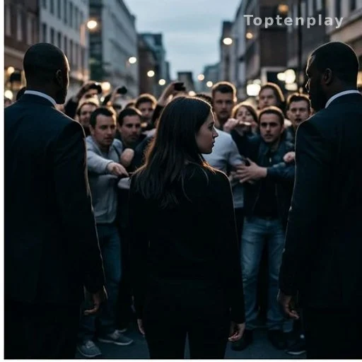 Silhouette de femme entourée de gardes du corps dans une foule, harcèlement médiatique