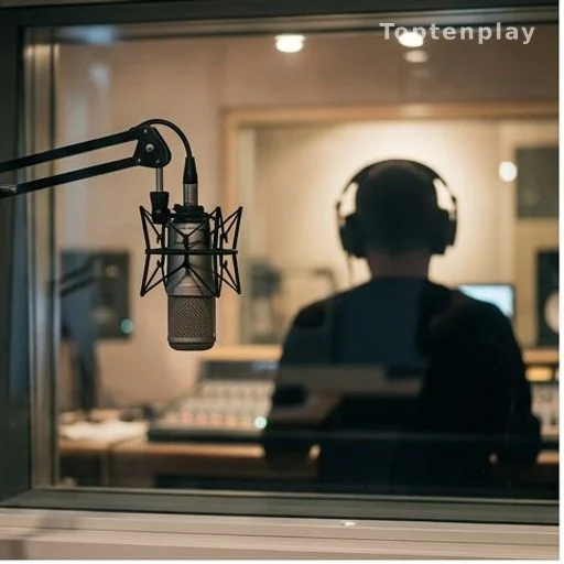 Studio de radio avec micro au premier plan et présentateur en silhouette derrière la vitre