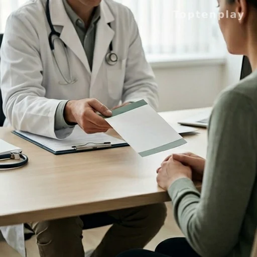 Consultation médicale pour un dépistage du diabète, médecin remettant une information au patient