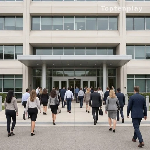 Entrée d'un grand site administratif du ministère des Armées avec employés civils
