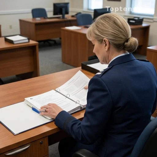 Femme senior en tenue de réserviste consultant des documents dans un bureau militaire