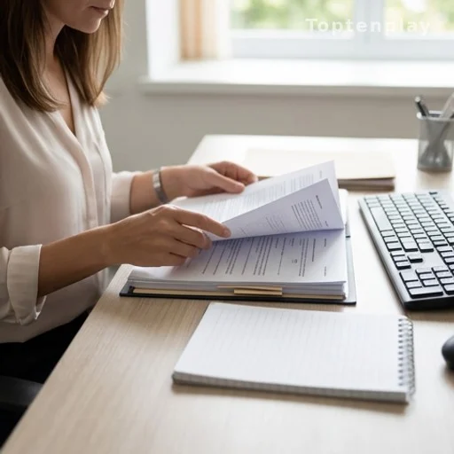Mains de femme sur des dossiers administratifs dans un bureau de la Défense nationale